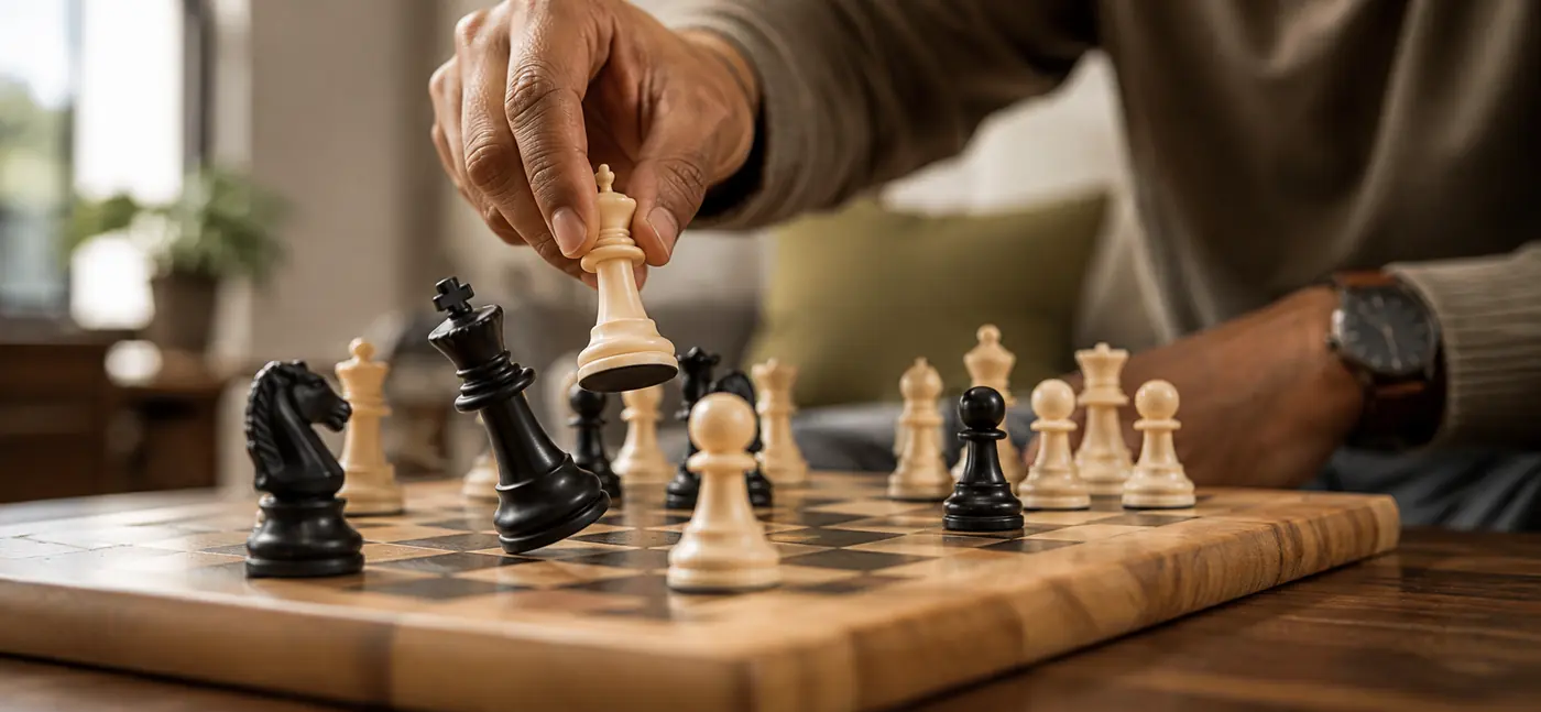 Entrepreneur playing chess, representing strategic thinking supported by a brain supplement