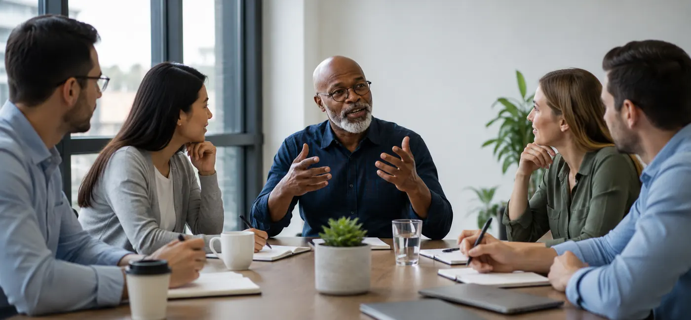 Professionals in a business meeting benefiting from a cognitive enhancement supplement