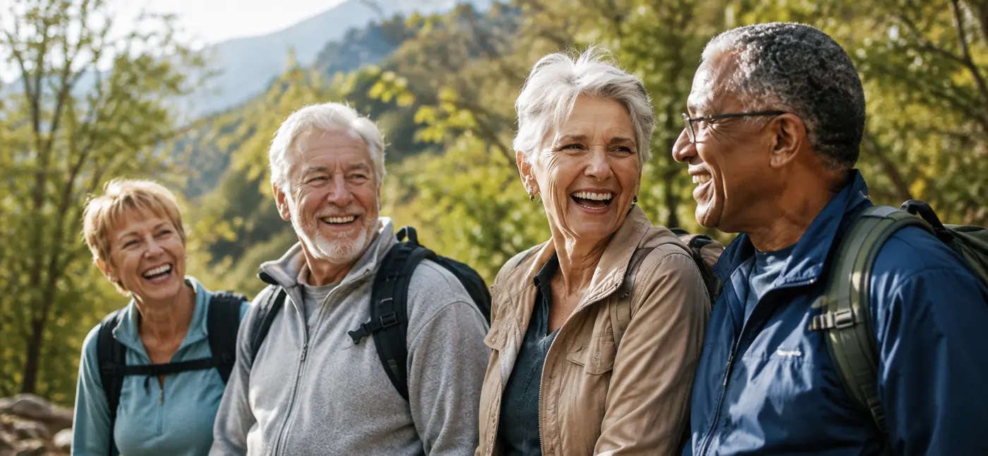 Group of older adults hiking outdoors, supporting long-term brain health with a natural nootropic
